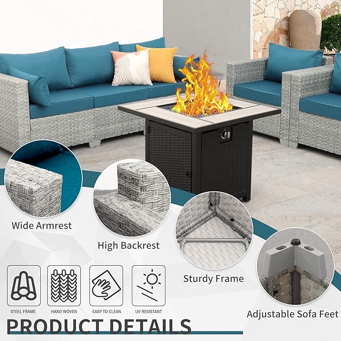 WAROOM Patio Furniture Set 4 Piece Outdoor Wicker Conversation Sets PE Rattan Couch Sectional Sofa with 30" Fire Pit Table, Peacock Blue Cushion