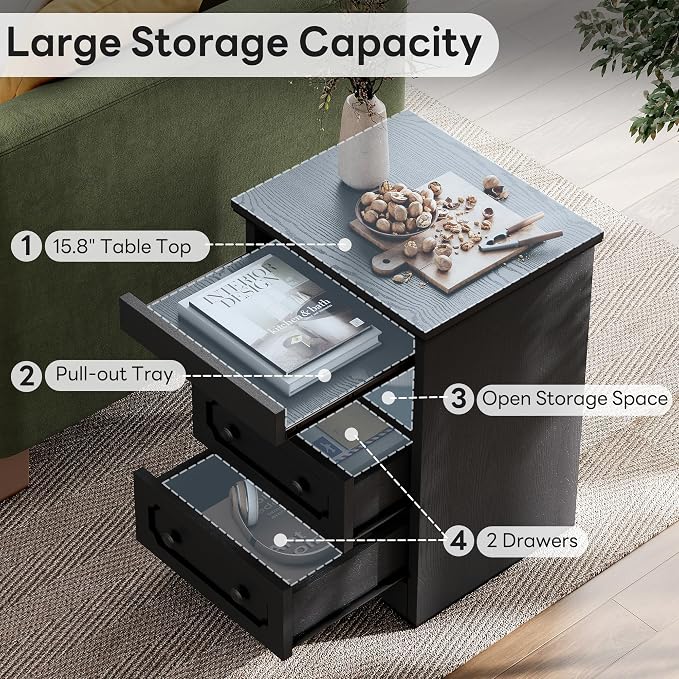 LIKIMIO Night Stand, Modern Bedside Table with 2 Drawers, Open Shelf, End Table with Pull-Out Tray, Wood SideTable, Black - Image 3