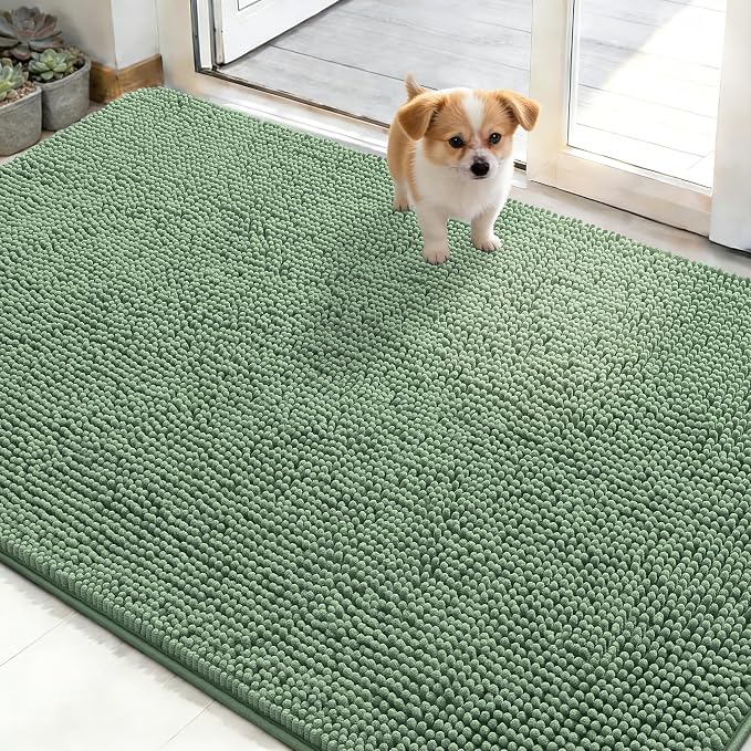 OLANLY Dog Door Mat for Muddy Paws 48x30, Absorbs Moisture and Dirt, Absorbent Non-Slip Washable Doormat, Quick Dry Chenille Mud Mat, Entry Indoor Entryway Carpet for Inside Floor, Olive Green by OLANLY
