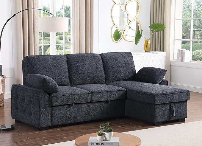 ERYE L-Shaped Pull Out Sleeper Sofa Bed, Modern Chenille Upholstered Button Tufted Corner Reversible Sleeper Sectional Sofa Couch with Storage Chaise, Drop-Down Table, Cup Holders and Charging Ports