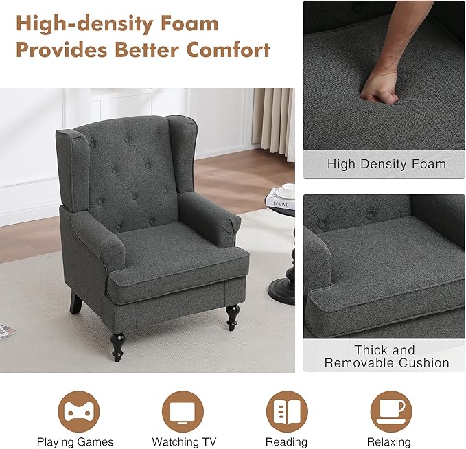 Accent Chair Set of 2, Mid Century Modern Fabric Wingback Chair, Upholstered Armchair with High Back and Vintage Legs, Comfy Single Sofa Side Reading Chair for Living Room Bedroom, Dark Grey
