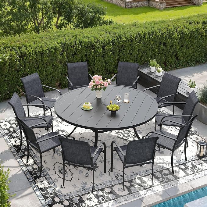 DIFY 11 Pieces Outdoor Patio Dining Set for 10, 60" Black Round Metal Dining Table and 10 Grey Stackable Sling Dining Chairs, Outdoor Table and Chairs for Lawn Garden Backyard Deck by DIFY