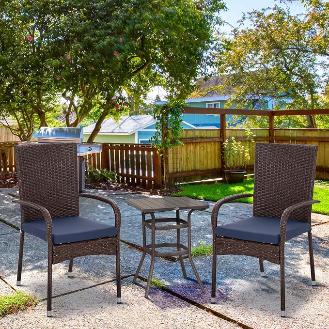 Outsunny Stackable PE Rattan Outdoor Dining Chairs with Cushions, Set of 2 Wicker Kitchen Chairs with Armrests and Backrest for Patio, Deck, Blue - Image 2