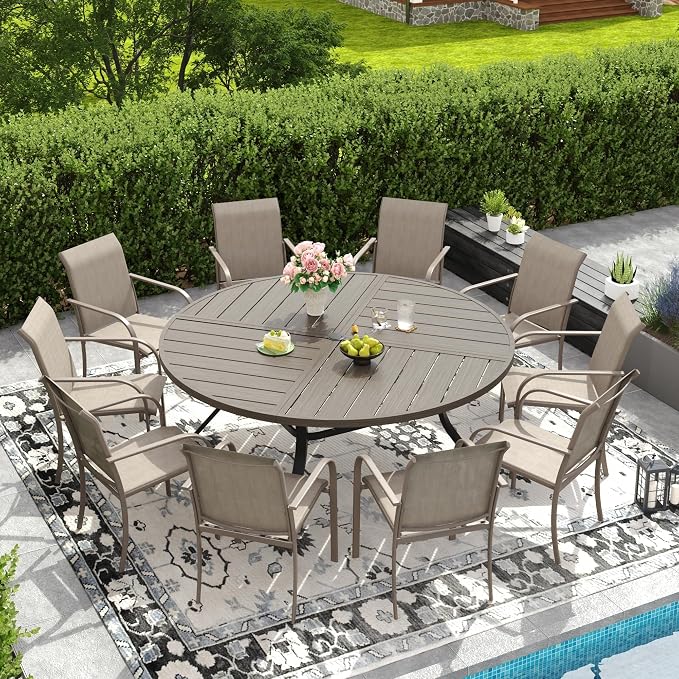 DIFY 11 Pieces Outdoor Patio Dining Set for 10, 63" Grey Wood-Like Round Metal Patio Table and 10 Sandshell Stackable Textilene Patio Chairs, Outdoor Table and Chairs for Backyard Garden Poolside by DIFY