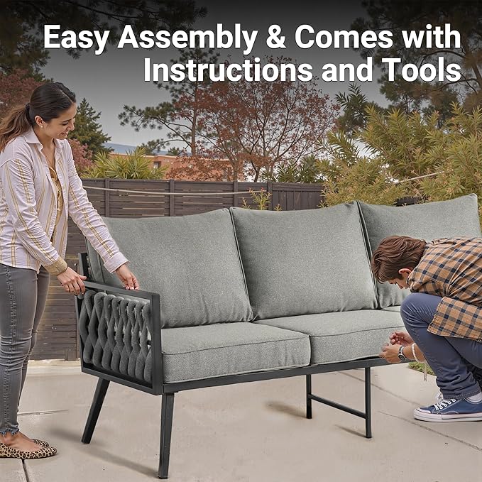 Weaxty Modern Patio Furniture Set 6 Piece, Rope Outdoor Patio Conversation Sets Sectional Sofa Swivel Chairs Table Ottoman, All Weather Metal Balcony Furniture for Backyard Garden, Grey