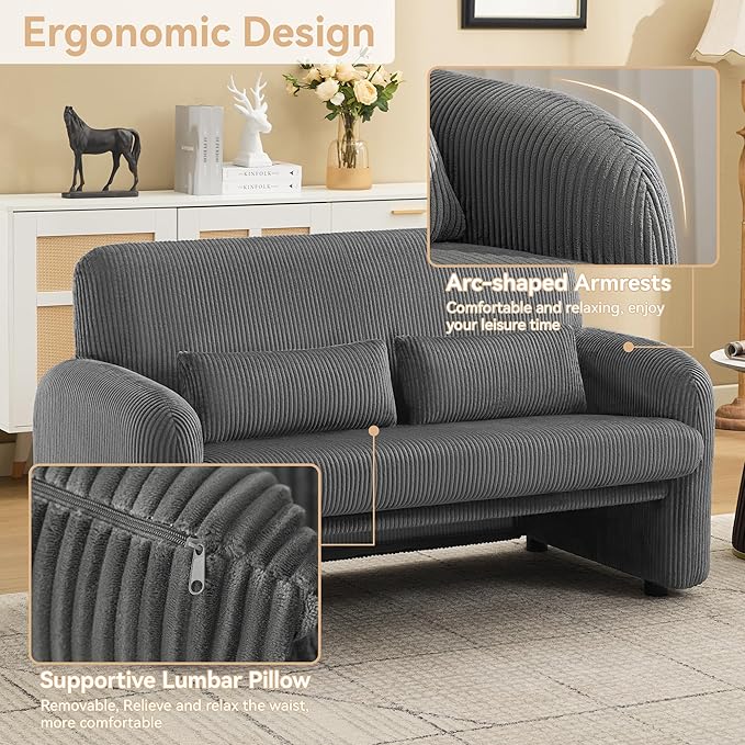 WUTUTUEE 56'' Corduroy Loveseat Sofa, 2 Seater Love Seat Couch for Small Space, Comfy Upholstered Modern Leisure Loveseat Couches with Lumbar Pillows for Bedroom, Office, Living Room, Grey