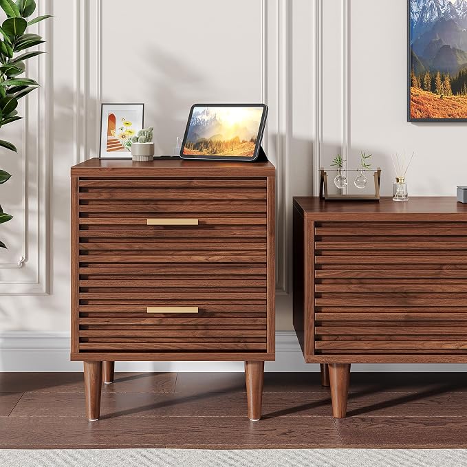 Whalefall Night Stands with Charging Station, Mid Century Modern Nightstand, Fluted Bedside Table with Drawer, End Table Bed Side Tables for Bedroom, Accent Tables with Wood Legs, Brown 1pc - Image 6