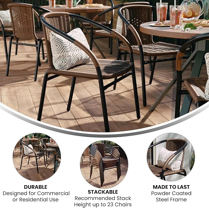 Flash Furniture Lila Modern Rattan Indoor/Outdoor Stackable Dining Chairs, Stacking Rattan Bistro Chairs for Patio or Restaurant, Set of 4, Brown - Image 5