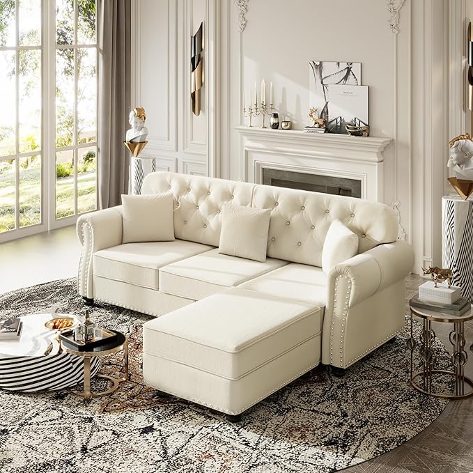 KEIKI 83" Velvet Chesterfield Sofa with Rolled Arms & Nailhead Trim & 1 Ottoman, Modern 3-Seater Button Tufted Couch with High Resilience Cushion & 3 Pillow, Easy Assembly, for Living Room, White