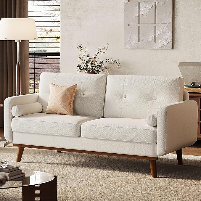 Garvee 65 in Mid Century Modern Loveseat Sofa for Small Spaces, 2 Seater Linen Upholstered Couch with Button Tufted Design & Wood Legs, Small Couch for Living Room, Bedroom, Office, Apartment, Beige