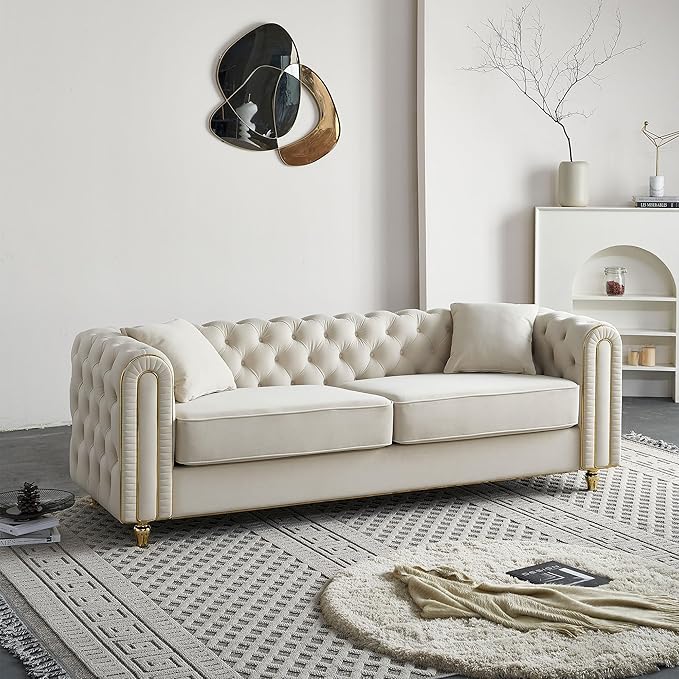 KEIKI 86" Chesterfield Velvet Button Tufted Sofa with High Density Foam Cushions and 2 Toss Pillows, Modern Style 3-Seater Couch with Gold Strip Trim Decoration, Easy Assembly, for Living Room, Beige