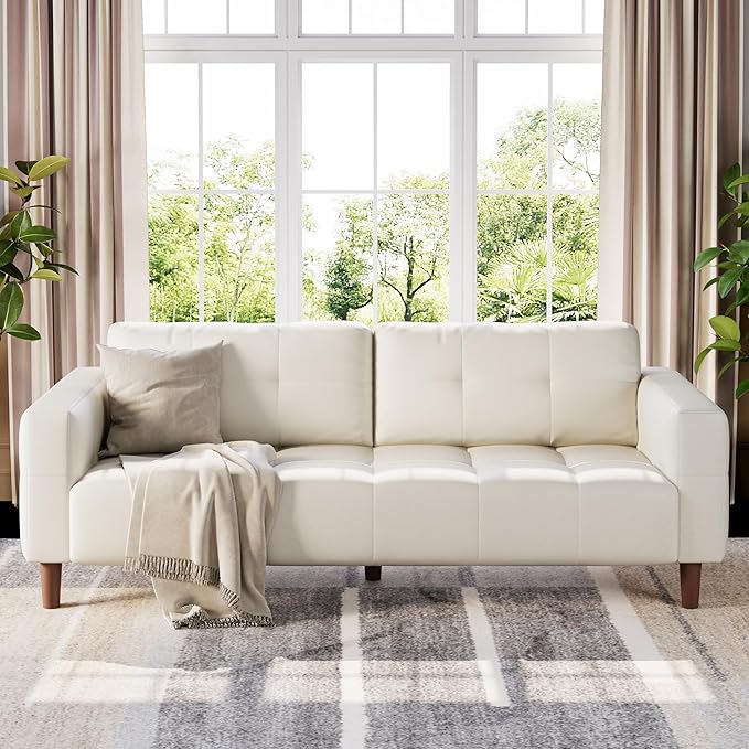 GarveeHome 3-Seater Sofa Couch, 83 in Wide Faux Leather Sofa Couch with Spring Cushion, Modern Sofa with Deep Seats and 2 Removable Back Cushions, for Living Room, Bedroom, Apartment, Office, Beige