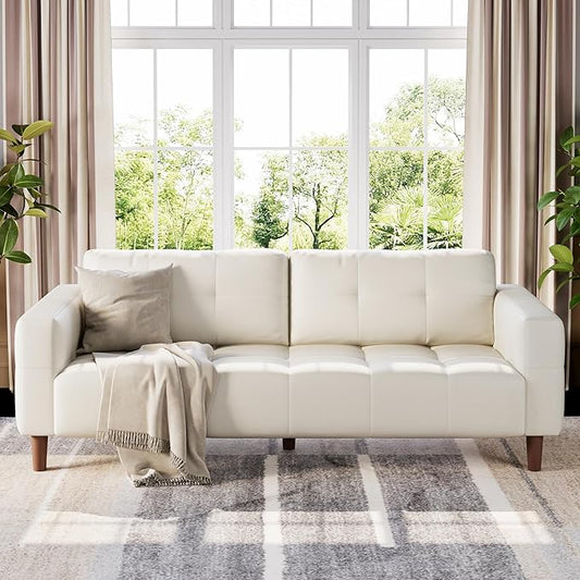 GarveeHome 3-Seater Sofa Couch, 83 in Wide Faux Leather Sofa Couch with Spring Cushion, Modern Sofa with Deep Seats and 2 Removable Back Cushions, for Living Room, Bedroom, Apartment, Office, Beige