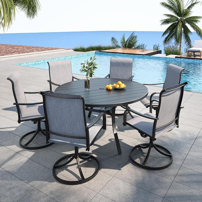 Anmutig Grey Textilene Outdoor Patio Swivel Rocker Chairs with 54" Metal Round Table Dining Set 7 Piece - Style2 - Image 7