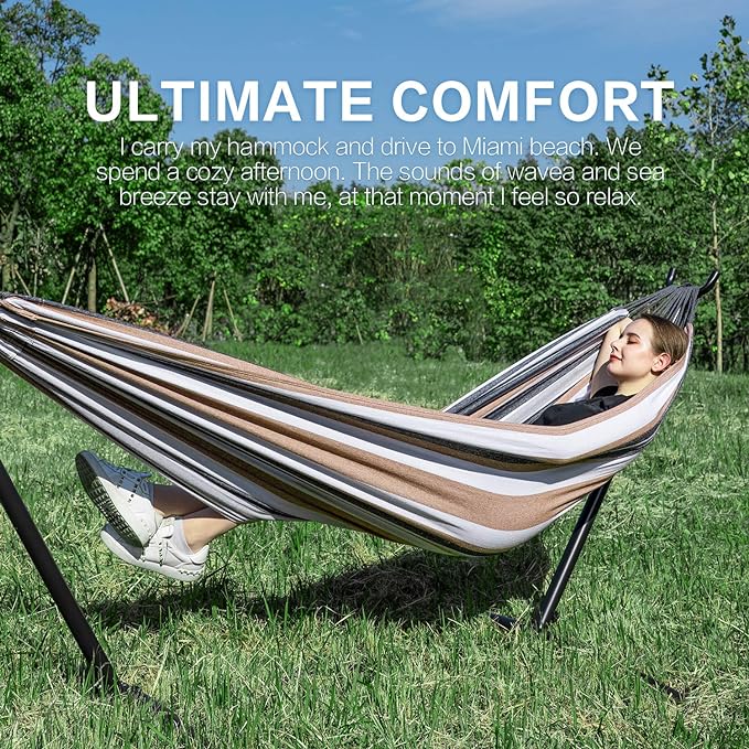 PNAEUT Double Hammocks with Stand for Outside, Portable Space Saving Heavy-Duty Steel Frame for Indoor Outdoor Patio Yard, Easy Assembly, 2 Person 450 lbs Capacity (Coffee) - Image 3