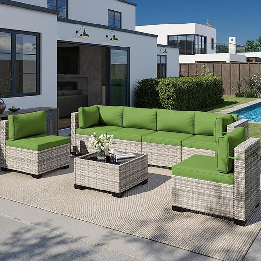 7-Piece Outdoor Patio Furniture Set, PE Wicker Rattan Sectional Sofa Conversation Set with Tempered Glass Table & Thick Cushions - All-Weather Garden, Backyard Furniture, Avocado Green