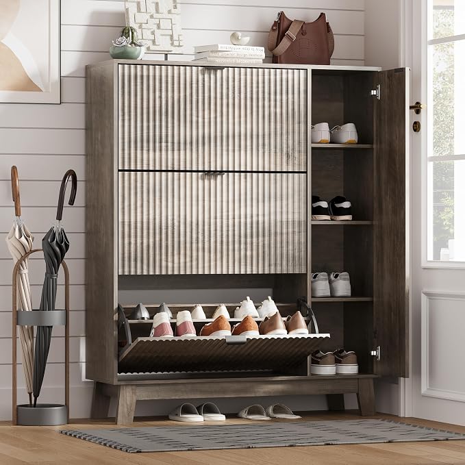 Shoe Cabinet Storage for Entryway with 3 Flip Drawers & Side Cabinet, Fluted Narrow Shoe Organizer with Wooden Leg, Freestanding Shoe Storage Hidden Shoe Rack Organizer for Front Door Entrance, Grey by HUANLEGO