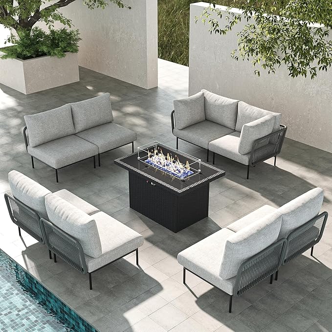 LayinSun 9 Pieces Aluminum Patio Furniture Set, Modern Modular Sectional Sofa with Fire Pit Table and Upgrade Thickness Cushion