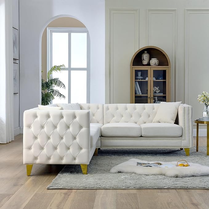 KEIKI 82.2" Velvet Corner Sofa, Tufted 5 Seat Couch, L-Shaped Sectional Couch for Living Room, Buttons Tufted Square Arm Couch for Home Apartment, Beige