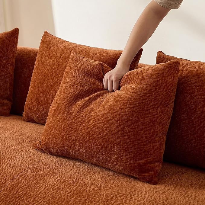 KEIKI 135" L-Shaped Oversized Boucle Sectional Sofa with Left Chaise, Modern 5-Seater Polyester Curved Couch with PU Leather Base & 6 Decorative Pillows, No Assembly Required, for Living Room, Orange
