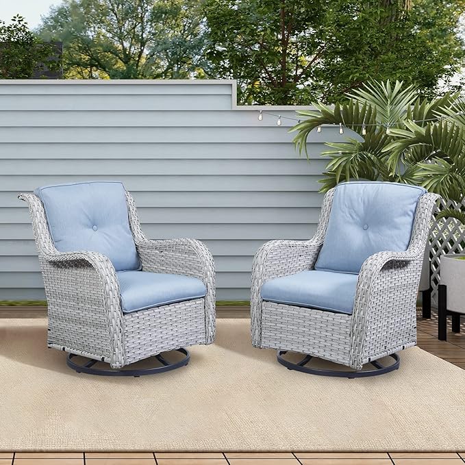 Rilyson Wicker Rocking Chair Swivel Chairs - 2 Piece Rocker Patio Chairs Set Rattan Rocking Chair for Outdoor Porch Deck Garden Backyard(Light Grey/Sky Blue)
