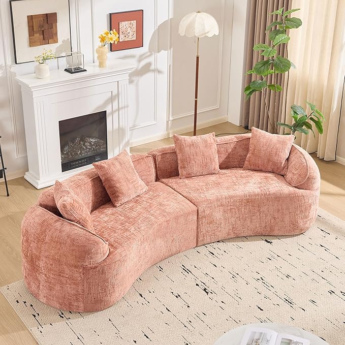 109-Inch Curved Boneless Sofa Couches Compressed 4-Seat Foam Couch for Living Room Bedroom, Boneless Modular Cloud Sofa Curved Floor Couch with 4 Pillows, No Assembly