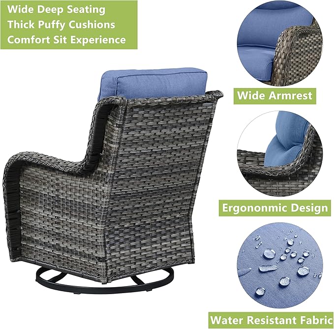 Rilyson Wicker Rocking Chair Swivel Chairs - 3 Piece Rocker Patio Furniture Set Rattan Rocking Bistro Sets with Glass Top Side Table for Outdoor Porch Deck Garden Backyard (Mixed Grey/Blue/Smile)