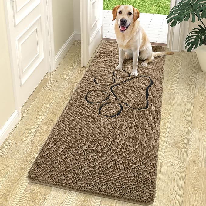 OLANLY Dog Door Mat for Muddy Paws 70x24, Paw Print Design, Absorbs Moisture and Dirt, Absorbent Non-Slip Washable Doormat, Quick Dry Chenille Mud Mat for Dogs, Entry Indoor Entryway Carpet, Tan by OLANLY