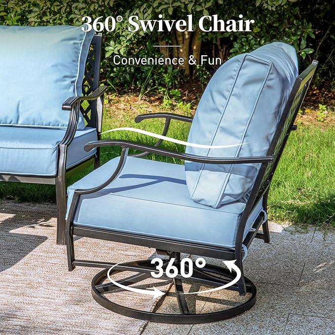 7 Piece Metal Outdoor Patio Furniture Set, Patio Conversation Sets 1 3-seater Sofa, 2 Fixed Chairs, 2 Swivel Chairs, 2 Ottomans with 5.75" Thick Cushion, Black Backyard Furniture, Blue