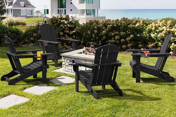 SERWALL HDPE Folding Adirondack Chair with Dual Cup Holder - Composite Adirondack Chair Set of 6- Black - Image 9