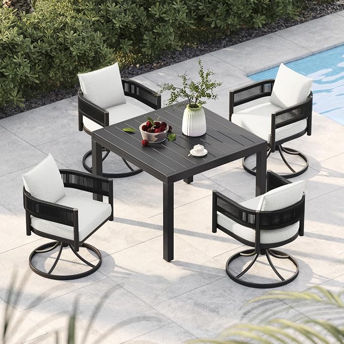 Grand patio 5-Piece Outdoor Dining Set for 4 with 1 Rectangle Expandable Table for 4-6 Person, Metal Woven Wicker Swivel Patio Chairs with Thickened Cushions for Yard, Poolside (Black) by GrandPatio