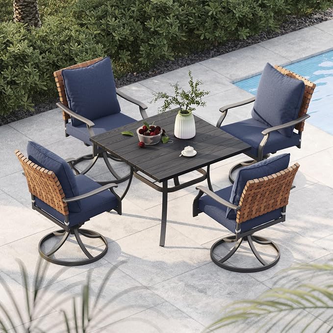 Grand patio 5-Piece Outdoor Dining Set, 4 Leather-Look Wicker Swivel Blue Patio Chairs & 1 Square Dining Table, Black by GrandPatio