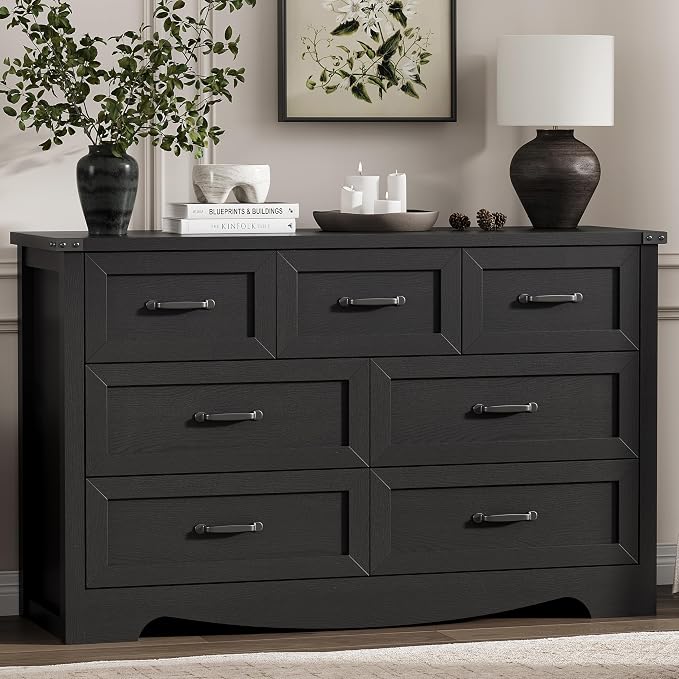 Dresser for Bedroom with 7 Drawers, 58" Wide Wood Chest of Drawers with Deep Drawers & Mental Handle, Modern Dresser TV Stand, Wooden Closet Storage Organizer for Living Room, Hallway, Entryway, Black - Image 8