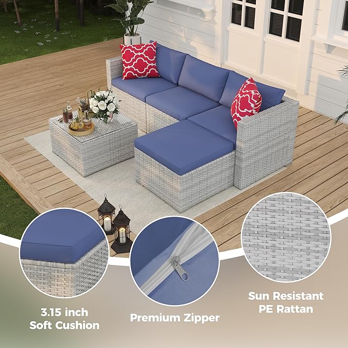 Garvee 5 Pieces Patio Furniture Set, Outdoor Glass Table and Cushions with Rattan Wicker Chairs, Patio Furniture Set for Porch, Balcony, Backyard, Garden, Gray & Blue