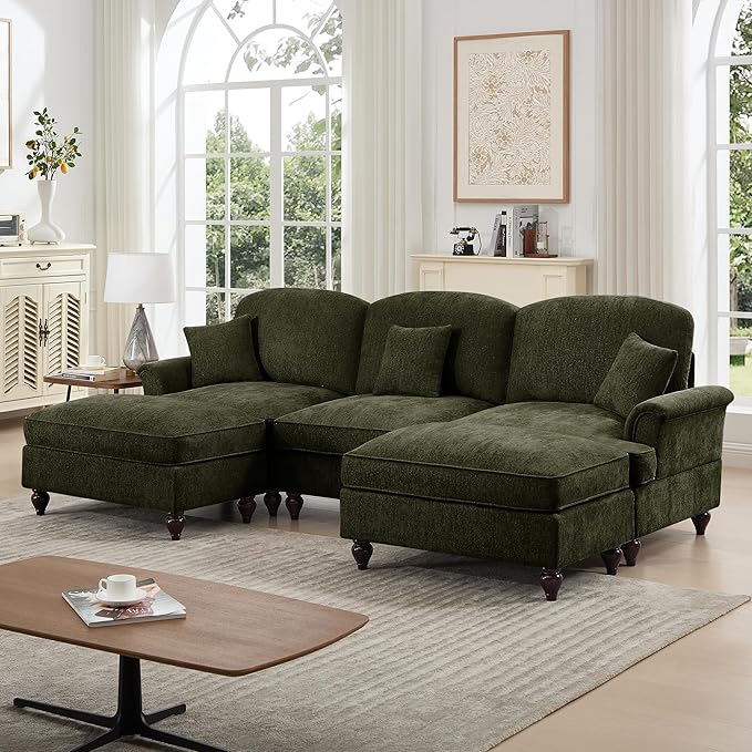 KEIKI Mid Century Modular Sofa with Flared Arms and Skirted Design, 107” Oversized 3-Seater with 2 Ottomans Luxury Chenille U-Shaped Sectional Couches for Living Room, Chaise Lounge Indoor, Green