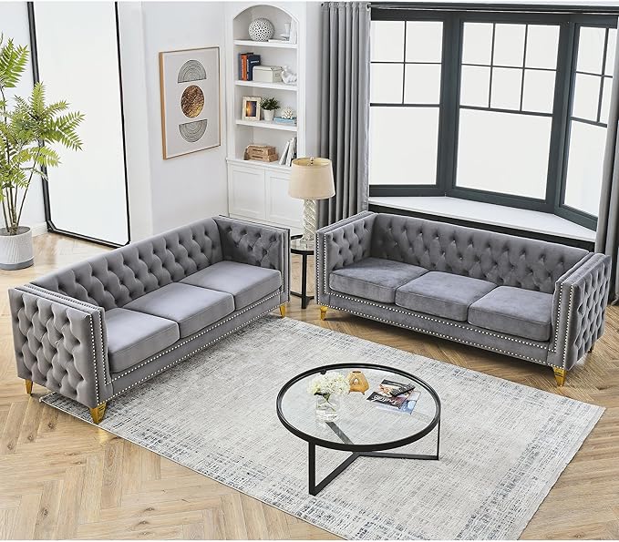 KEIKI Tufted Velvet 3+3 Seat Sofa Couch for Living Room, Buttons Tufted Square Arm Couch for Home Apartment, Gray