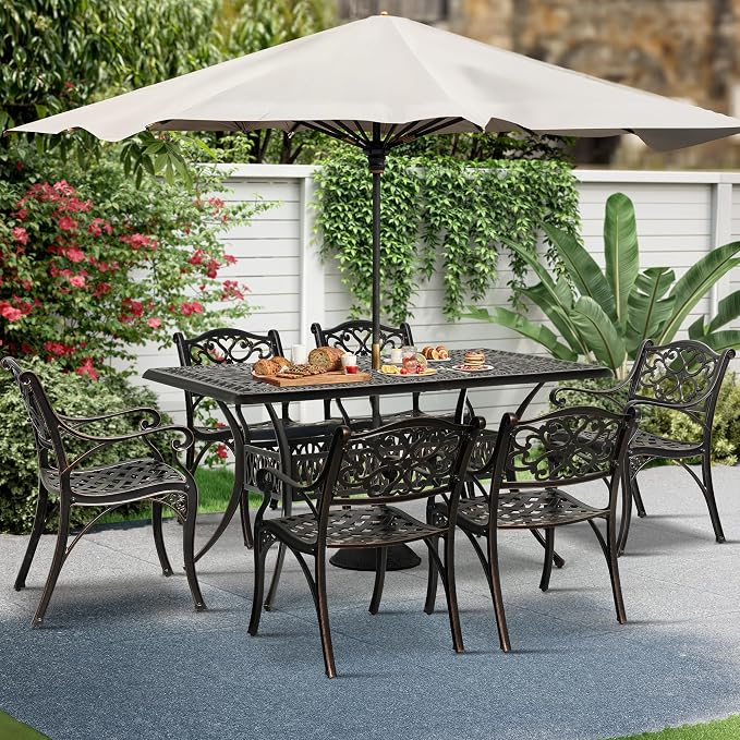 DWVO Cast Aluminum Outdoor Dining Table, 59'' Patio Table w/Max Bearing 220 LBS, Patio Dining Table with 2" Umbrella Hole and Adjustable Foot Pads for Garden, Backyard, Deck and Patio, Bronze - Image 2