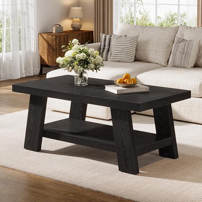 Tribesigns Rectangle Coffee Table, 47-Inch Wood Coffee Tables for Living Room, Farmhouse Long Center Tables with 2-Tier Storage Shelves for Living Room, Apartment, Home Office (Black)