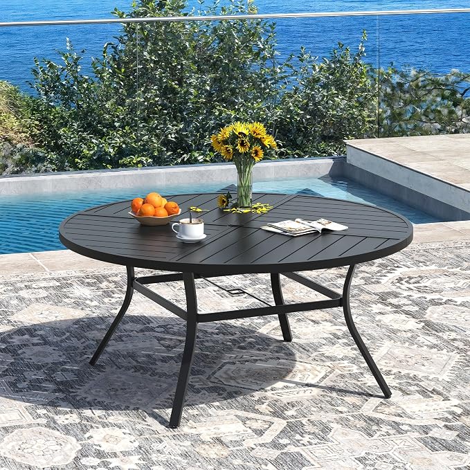 DIFY 9 Pieces Outdoor Patio Dining Set for 8, 53.1" Black Round Metal Dining Table and 8 Brown Stackable Textilene Patio Chairs, Outdoor Table and Chairs for Backyard Garden Poolside - Image 2