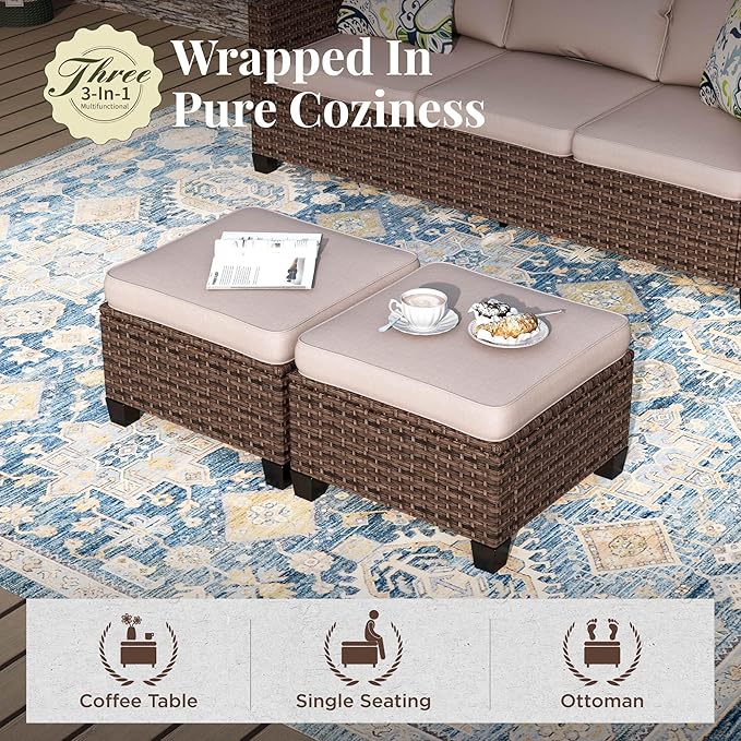 Swivel Glider Patio Furniture Set, 5 Pcs Wicker Rattan Outdoor Conversation Set, 2 x Swivel Chairs, 1 x 3 Seater Sofa and 2 x Ottoman with 4" Thick Cushion, Beige