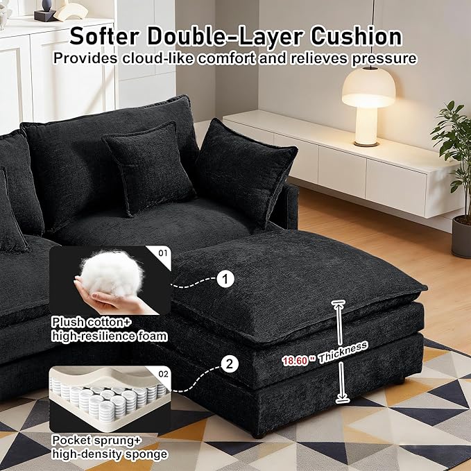 102" Cloud Couch Sectional, Modular Sectional Sofa with Chaise & 4 Removable Washable Pillows, Oversized L-Shaped Couch for Living Room, Modern 3-Seat Cloud Sofa Sectional with Deep Seat, Black