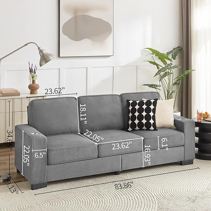 83" Modern Cloud Sofas for Living Room Bedroom, 3 Seat Modular Couch Soft Corduroy Upholstered Loveseat Couches with Cupholders for Home Apartment Office Studio