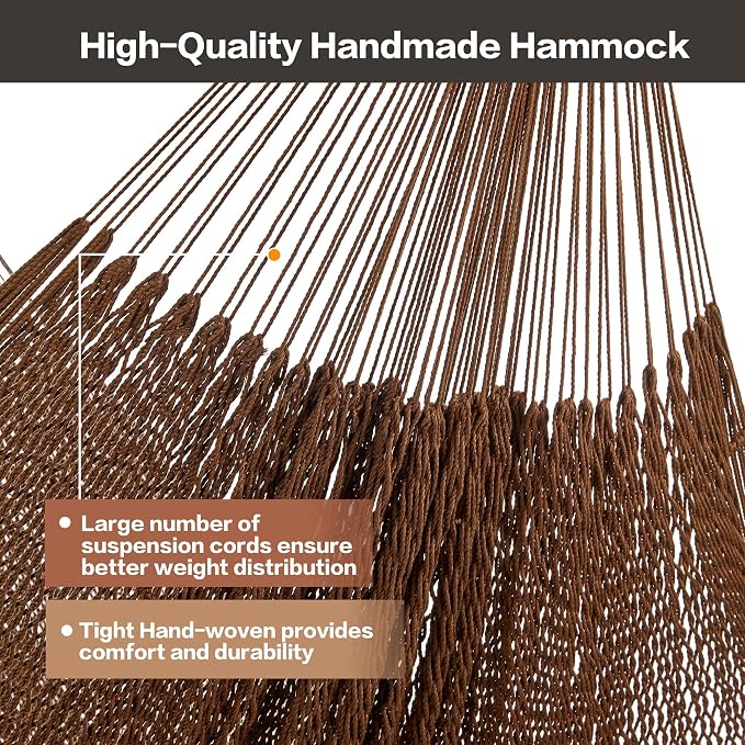 CHULIM Handwoven Mayan Hammock with 10ft Tree Straps, 550lbs Capacity Soft Rope Double Hammock, Portable Outdoor Hammock with Carry Bag for Camping Backyard Beach - Coffee - Image 5