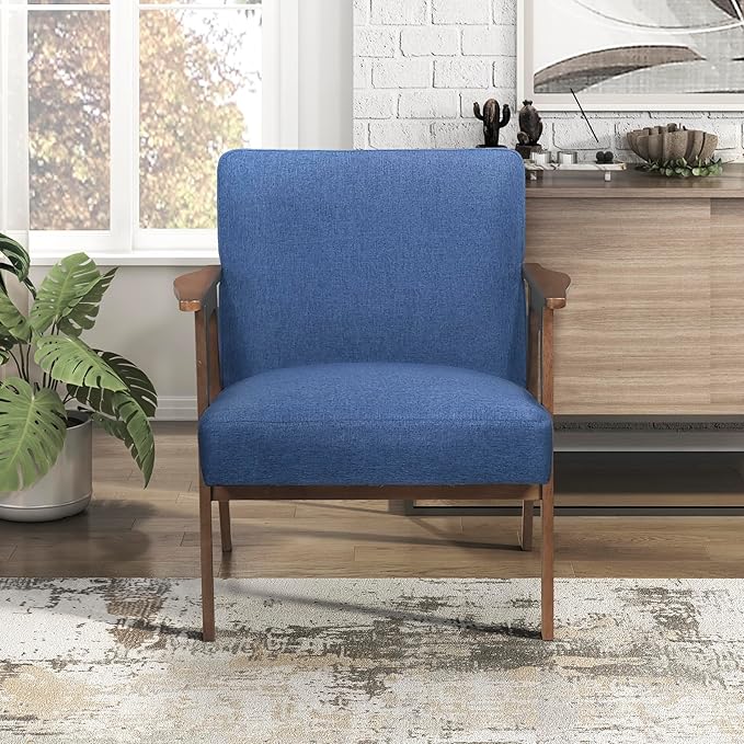 Lexicon Mid Century Modern Accent Chair, Upholstered Lounge Armchair, Single Sofa Seat, Brown Finish Solid Wood Framed Comfy Side Chairs for Living Room/Bedroom/Office/Waiting Area, Blue