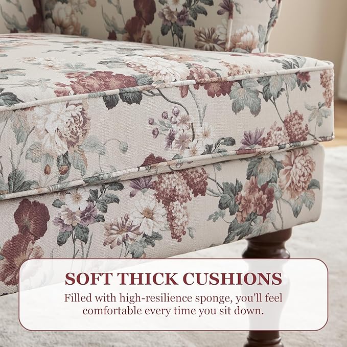 HUIMO Printed Wingback Accent Chair, Linen Upholstered High Back Armchair, Comfy Reading Chair for Living Room Bedroom Study, 300lbs Weight Capacity (2, Red Floral)