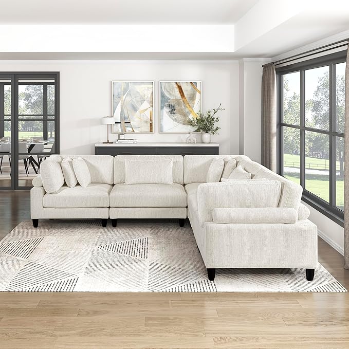 Lexicon 120 Inch Modular Sectional Sofa - Oversized 5 Seater Microfiber L Shaped Sectional Couch, 8 Accent Pillows, and Flexible Arrangement for Modern Living Rooms, Beige