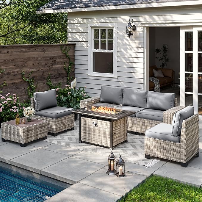 7-Piece Outdoor Patio Furniture Set with 55,000 BTU Fire Pit Table, PE Wicker Rattan Sectional Sofa Patio Conversation Set with Thickened Cushions & Coffee Table, Grey
