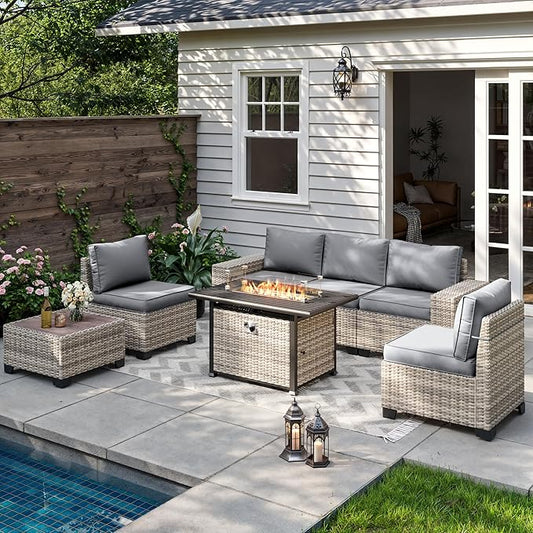 7-Piece Outdoor Patio Furniture Set with 55,000 BTU Fire Pit Table, PE Wicker Rattan Sectional Sofa Patio Conversation Set with Thickened Cushions & Coffee Table, Grey