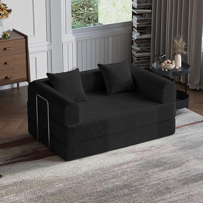HouseMila 53.15" Boneless Couch,4-in-1 Futon Sofa Bed Modular Loveseat Sleeper Folding Compressed Couch with Pillows,No Assembly Required Convertible Sofa Bed for Living Room Bedroom Guest Room,Black