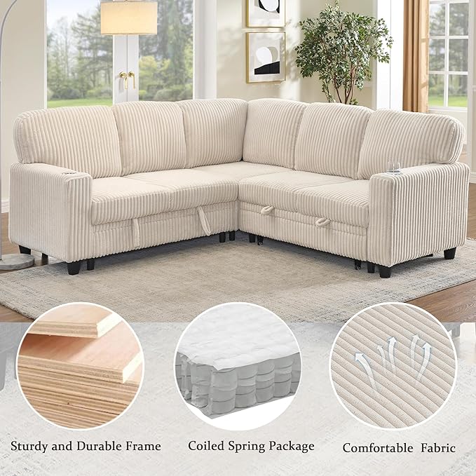 81" Modular Sectional Sofa, L-Shaped Convertible Sectional Sleeper Sofa Bed with Pull Out Bed, Storage Chaise, USB & Type-C Charging, 5-Seat Corduroy Couch for Living Room Apartment, Beige